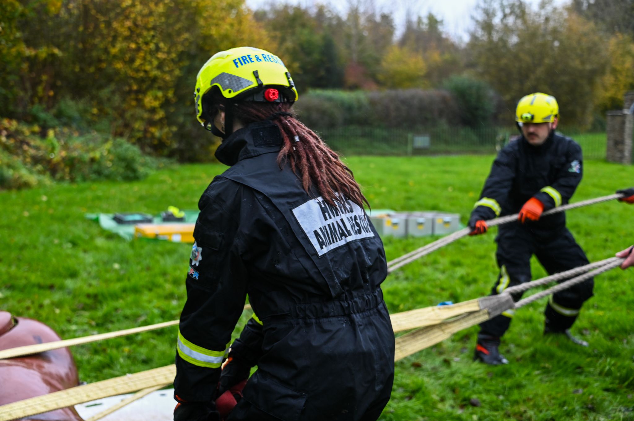 An image of two members of the Bromyard Animal Rescue training . Bromyard is the specialist animal rescue station.