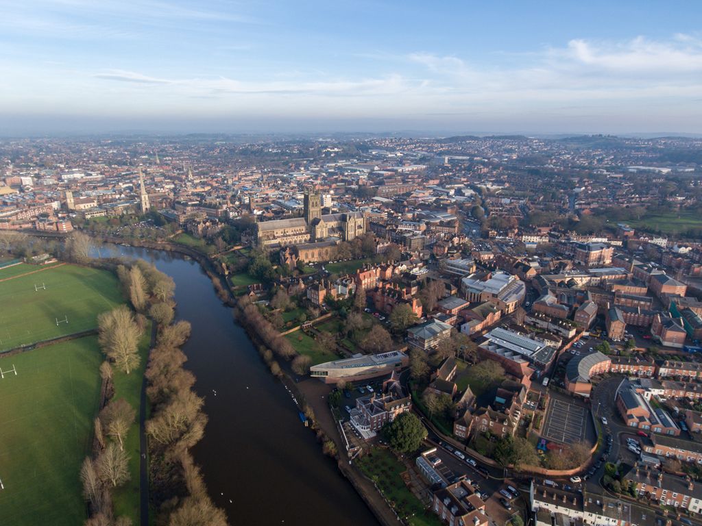 Aerial view of Worcester City Centre with the river and cathedral in view.