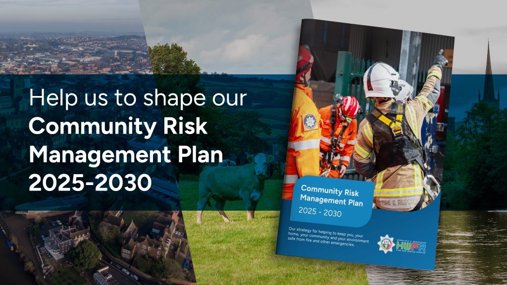 Web Banner with text that reads: "Help us to shape our Community Risk Management Plan 2025 - 2030".
Image depicts the cover of the CRMP report against a background of images depicting urban and rural areas of the two counties.