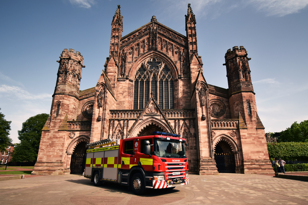 Cathedral & fire truck.